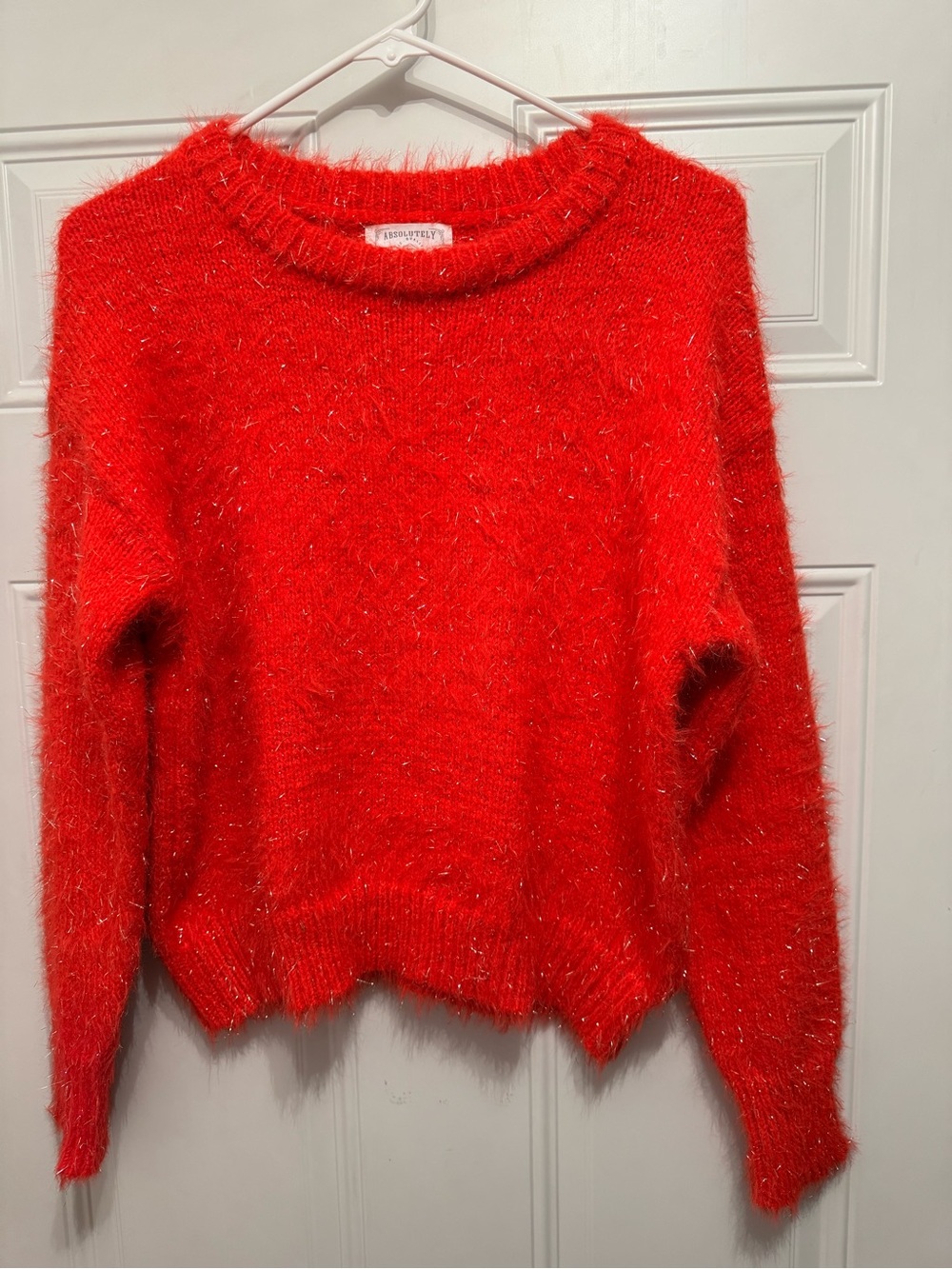 Absolutely NWT sweater red fuzzy pullover silver metallic fibers sz Med